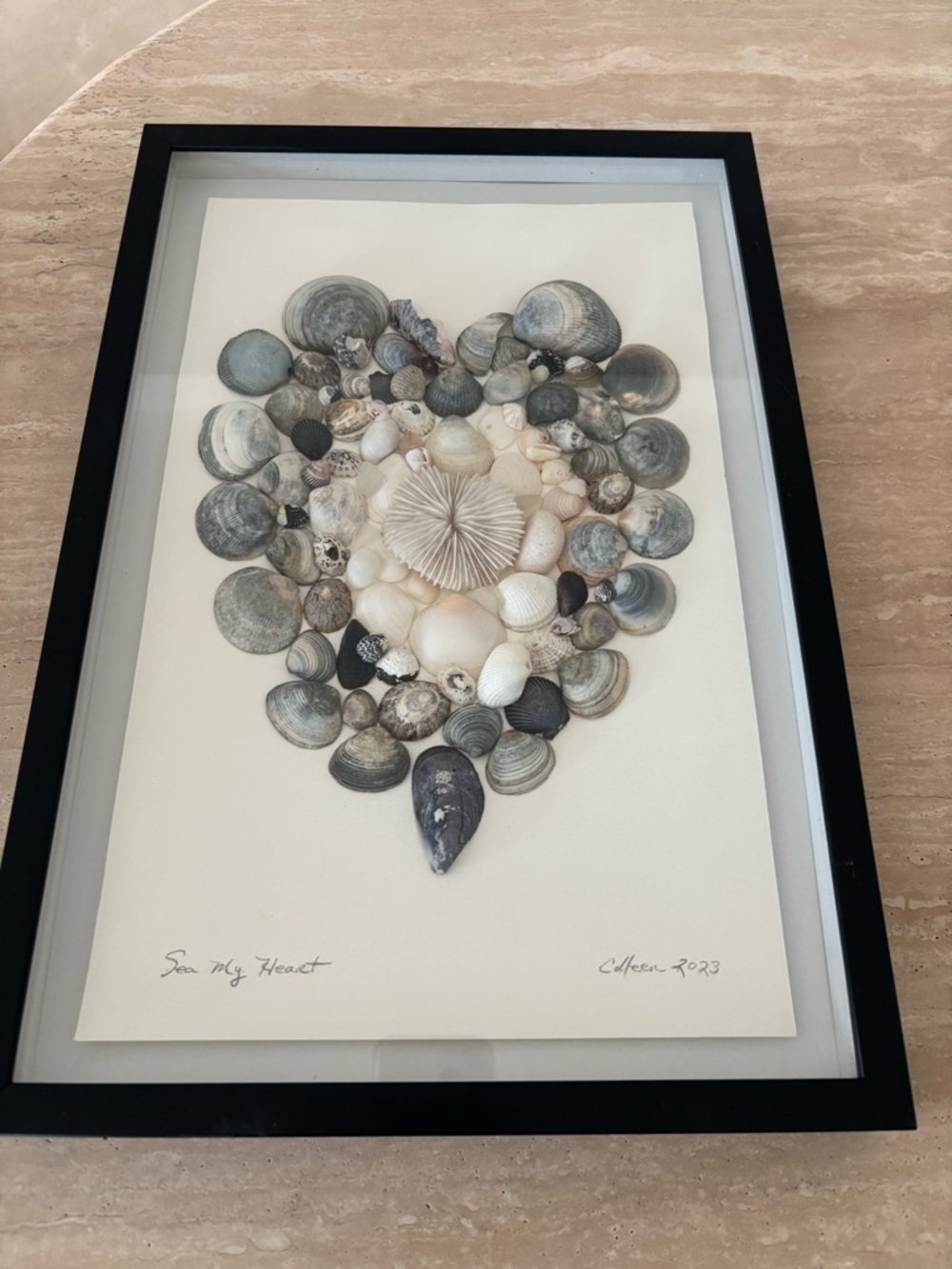 Handmade Framed Natural Sea Shell Heart Wall Art 11.5”x17”